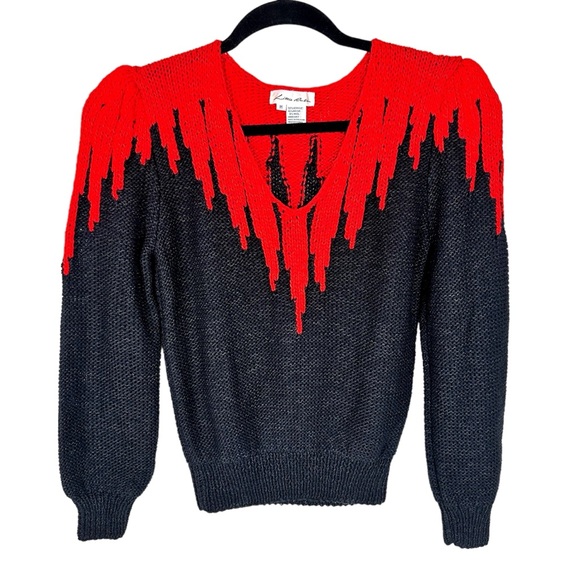 Lillie Rubin Sweaters - Vintage 80s Lillie Rubin Hand Knit Sweater Wool Blend Puff Sleeve Black & Red